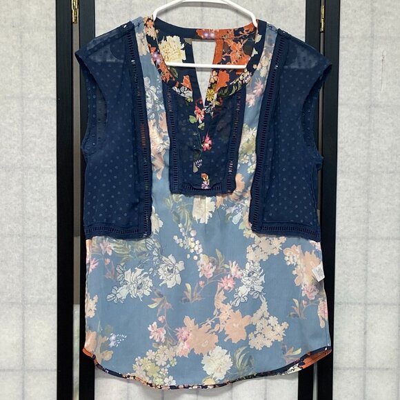 Daniel Rainn V Neck Sheer Keyhole Back Dot & Floral Top Navy Orange S Sleeveless - Picture 5 of 14